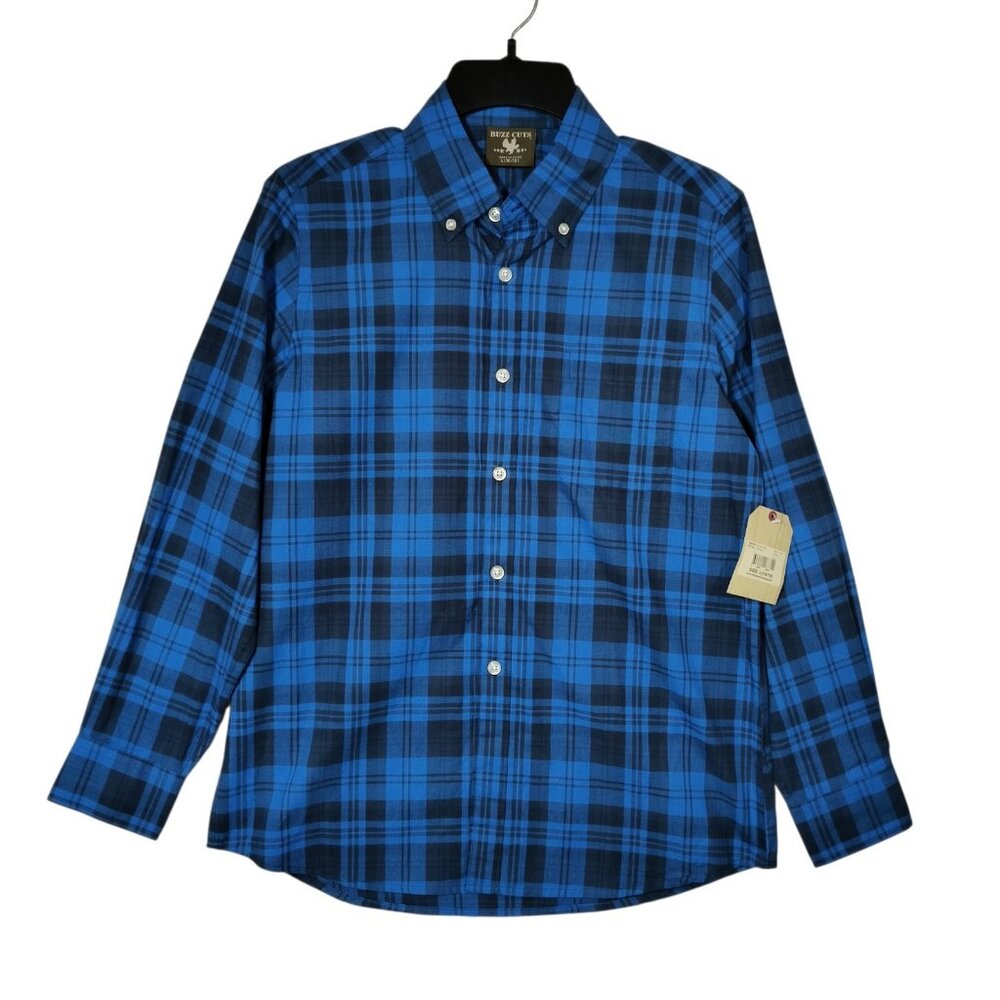 Buzz Cuts Blue Plaid Long Sleeve Button Up Shirt Boys Size Large 14-16